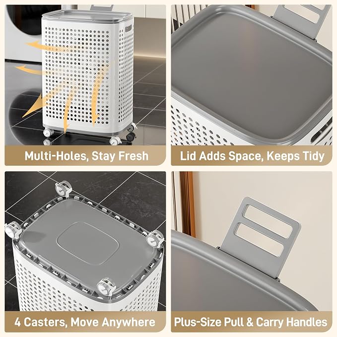 Rolling Plastic Laundry Basket with Lid, Ventilated, White (2-Pack, Large)