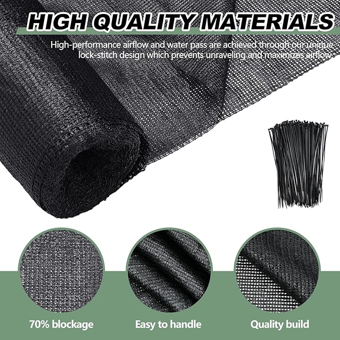 6 x 300 ft Shade Cloth Black Shade Cloth Roll for Covering Garden 70% Mesh UV Resistant Net with Ties for Patio Outdoor Greenhouse Fence Flower Plant Cover Canopy
