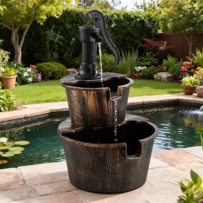 2-Tier Barrel Waterfall Fountain,27-Inch Plastic Outdoor Water Feature with Pump for Garden,Patio and Backyard