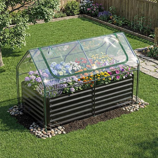 Giantex 3-in-1 Metal Raised Garden Bed with Greenhouse Cover, 6x3x4 FT Metal Elevated Outdoor Planter Box with Roll-Up Windows, Open Base Grow Box for Vegetables, Flowers and Herbs, Black