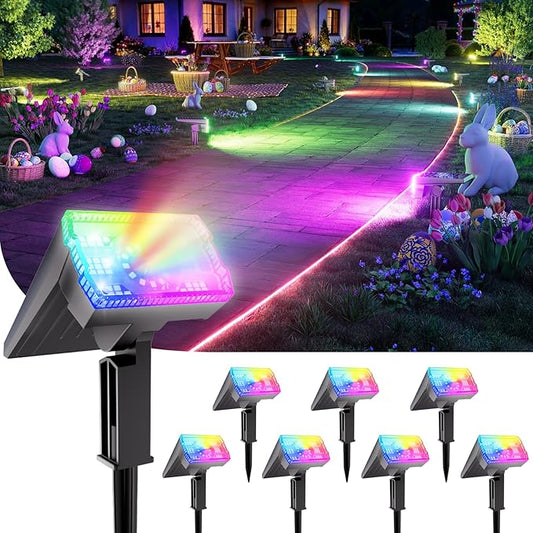 8-Pack Solar Spot Lights Outdoor Multicolor IP67 Waterproof RGB - 6 Colors, 10 Modes, 105° Adjustable Uplights, 58 LED Flood Lights, Valentine's Spotlights for Yard/Garden/Landscape Lighting Outside