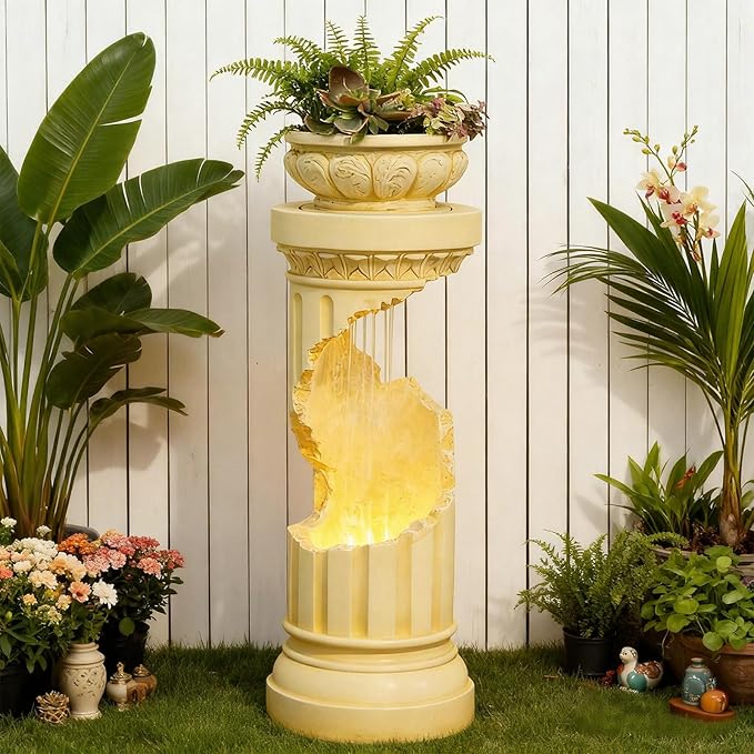 Sunlinua Outdoor Water Fountain with LED Light, Modern Spiral Tiered Outdoor Fountain with Stone Planter Curved Freestanding Waterfall Fountains for Garden Patio Deck Porch