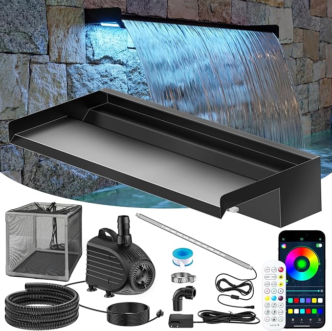 POPOSOAP Pond Waterfall Kit with Colorful LED Lights & 1200GPH Pond Pump, APP & Remote Control, Auto Timer, Pond Waterfall Spillway with 9.8FT Corrugated Tube for Pool, Garden, Patio, Backyard-P46D