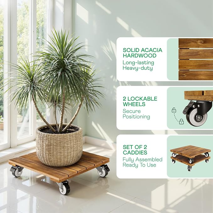 2-Pack 12 Inch Acacia Wood Rolling Square Plant Caddy for Plant Pots, Heavy Duty Plant Stand with 360° Lockable Wheels, 264 lbs Capacity Caddy for Indoor and Outdoor Use, Natural Wood
