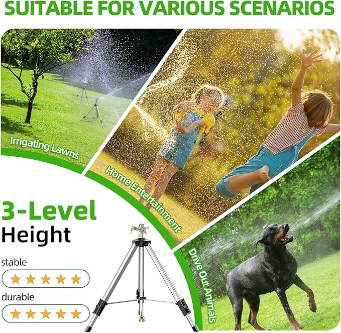 SPECILITE 36”Brass Impact Tripod Sprinkler, Heavy Duty Metal Pulsating Telescoping, Sprinklers for Yard, Lawn & Garden Irrigation, 360 Degree Waters up to 70ft Covering 5660sqft