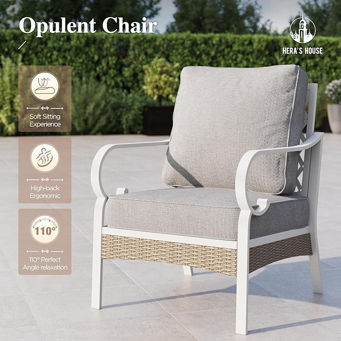 HERA'S HOUSE Patio Chairs Set of 2, High Back Outdoor Metal Frame Chairs with Cushions, All Weather Outdoor Patio Furniture for Lawn Garden Backyard Deck, Grey