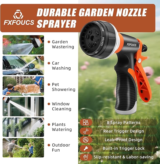 Garden Hose Nozzle Sprayer– this high heavy-duty spray nozzle offer 8 watering patterns for watering plants, lawns & gardens, washing cars, household (Dark Orange)
