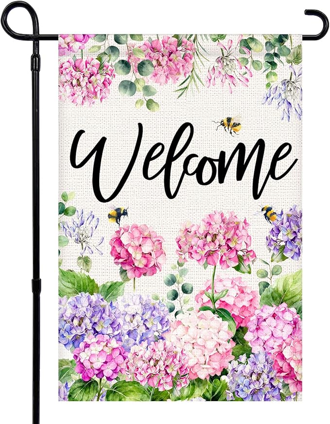 Welcome Spring Summer Garden Flag 12x18 Inch Double Sided Colorful Floral Hydrangea Bee Seasonal Small Burlap Garden Flags for Porch, Patio, Lawn, Farmhouse, Holiday Decoration