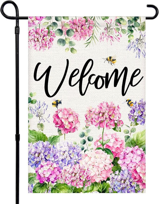 Welcome Spring Summer Garden Flag 12x18 Inch Double Sided Colorful Floral Hydrangea Bee Seasonal Small Burlap Garden Flags for Porch, Patio, Lawn, Farmhouse, Holiday Decoration