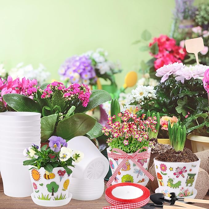 30 Pack Garden Plastic Pot Craft Kit DIY Flower Plant Crafts Nursery Pots Flower Planting Growing Kit for Mother's Day Spring Summer Home Classroom School Creative DIY Art Project Activities