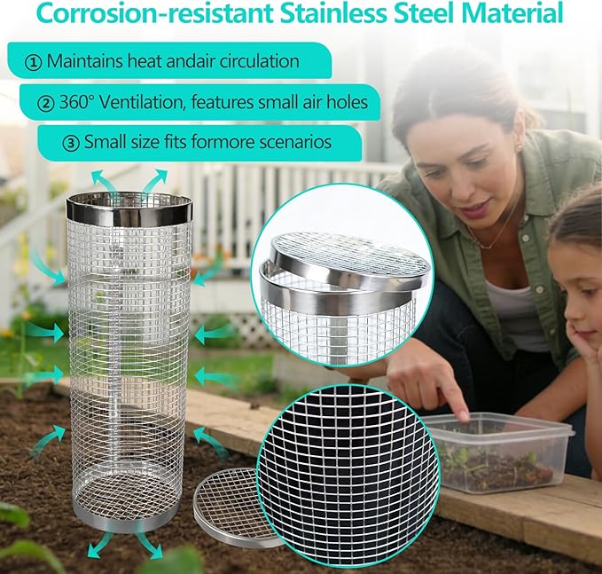 4 Pack Underground Worm Composting Bin with Gardening Gloves - Small Round Metal Stainless Steel Composter for Family Garden, Outdoor Compost Bins (4)