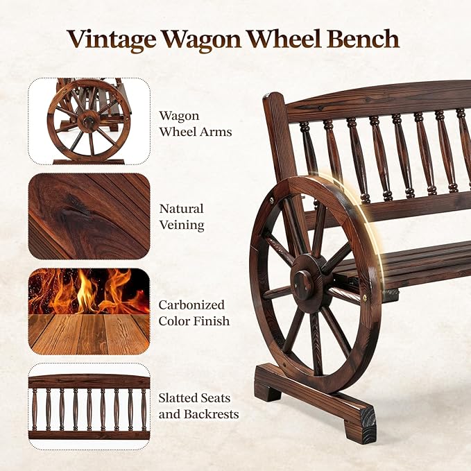 Outvita 41'' Outdoor Wooden Bench, 2-Person Rustic Wagon Wheel Bench with Slatted Seat and Carbonized Fir Wood Construction, Weather-Resistant Garden Bench for Patio, Porch and Backyard(Dark Brown)