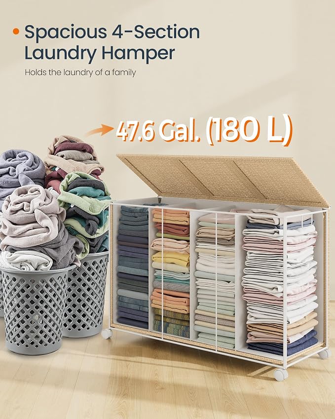 SONGMICS HOME Laundry Hamper with 4 Section, 180 L, Rattan, with Wheels | Rolling Clothes Basket with Lid, Removable Liner with Handles, Tan and White, PEZZO Collection ULCB603N01