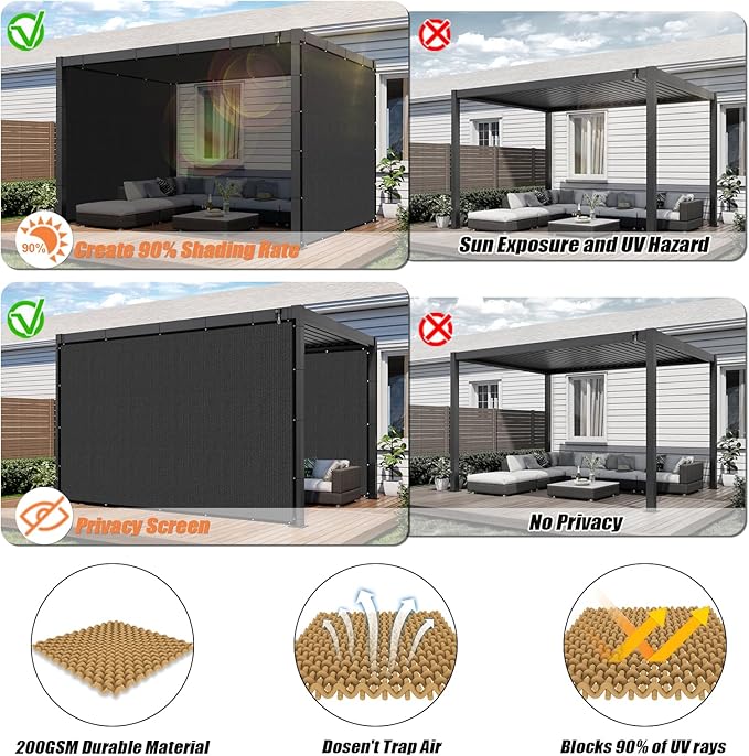 KANAGAWA 90% Sun Shade Cloth 14'X23' Custom Sizes Outdoor Porch Pergola Shade Cover Canopy with Grommets UV Block Privacy Screen for Patio Dark Gray