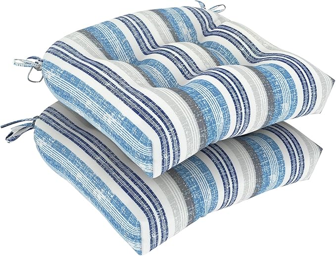 DYTXIII Set of 2 Outdoor Chair Cushions 19"x19"x4", Water Repellent Tufted Patio Seat Cushions with Ties, Thick Replacement Pads for Wicker Dining Chairs, Patio Furniture, Stripe Layered Blue