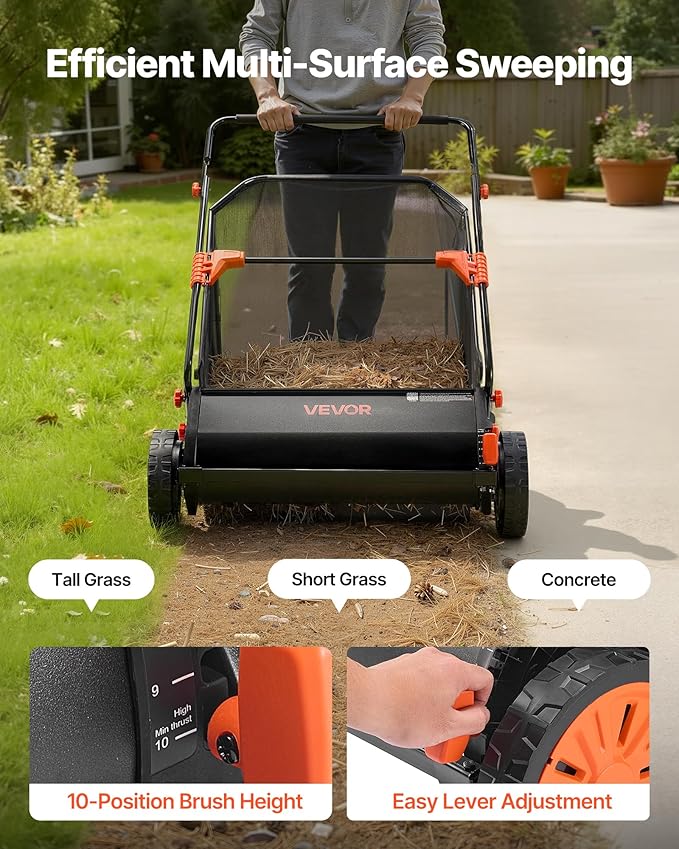 VEVOR Push Lawn Sweeper, 30 in Leaf & Grass Collector with 12 cu. ft. Hopper Bag, Adjustable Brush Height & Spinning Brushes, Heavy Duty Yard Sweeper with Rubber Wheels for Leaves Grass Cleanup