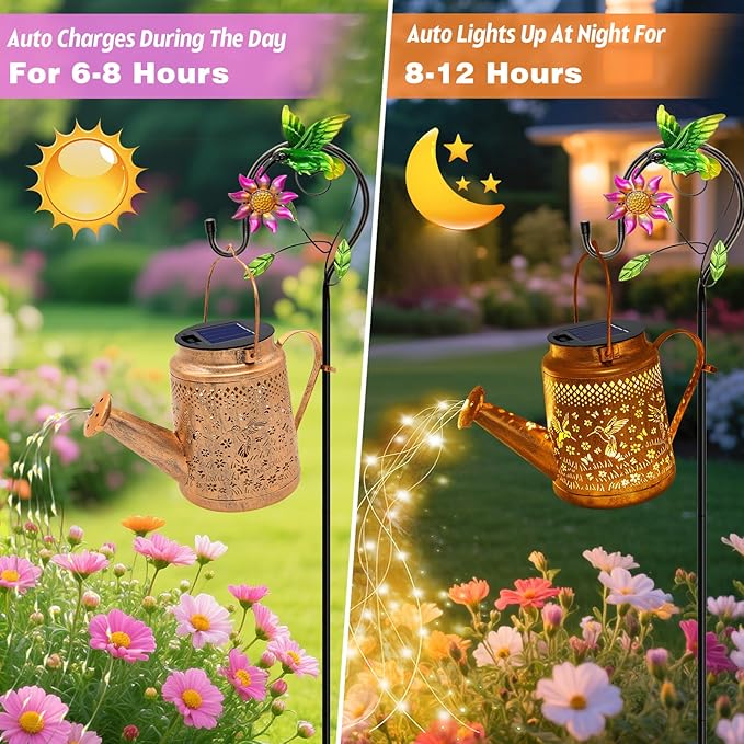VOOKRY 2 Pack Hummingbird Metal Solar Watering Can Lights, Solar Lights Outdoor Waterproof, Gifts for Women Mom Mother's Day, Hanging Lanterns Decorative Garden Decor for Outside Yard Patio Lawn