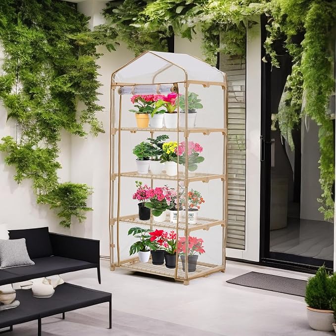 Purlyu Garden 4-Tier Greenhouse – for Indoor Outdoor Gardening Hot House w/ Zippered Cover and Metal Shelves for Growing Vegetables, Flowers and Seedlings (PLGH704OWP)