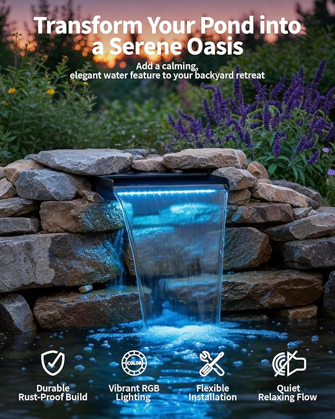POPOSOAP 12inch Pond Waterfall Spillway with RGB LED Lights & 660GPH Pump Kit - APP/Remote Control, 304 Stainless Steel Pond Spillway with 9.8FT Tubing for Garden Ponds Landscape Water Features-P43DY