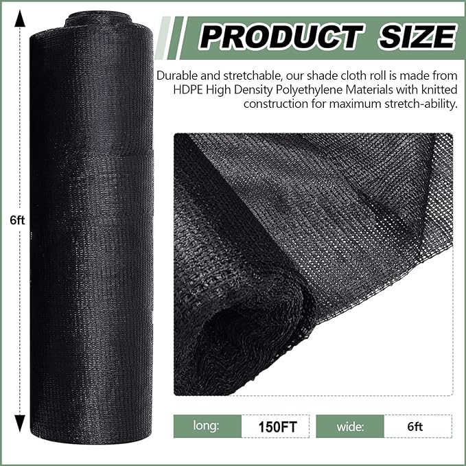 6 x 150 ft Black Shade Cloth Roll for Covering Garden 90% Mesh UV Resistant Net with Ties for Patio Outdoor Greenhouse Fence Flower Plant Cover Canopy