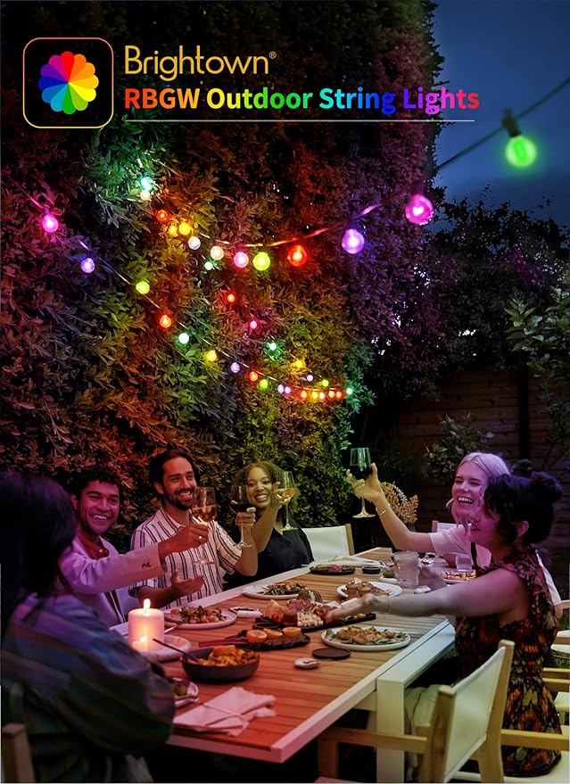 Brightown Outdoor String Lights 29 Feet G40 LED Patio Lights, 13 Plastic Multicolor Bulbs(1 Spare), Remote, Timer, Waterproof Connectable Hanging Light for Porch Balcony Party Decor, E12 Base, RGBW