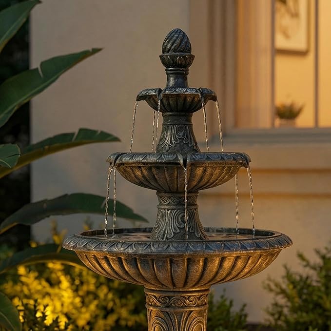 52-Inch Outdoor Water Fountain, 3-Tier Large Italian Faux Stone Resin Waterfall Fountain with 2 LED Lights, Large Bird Bath Basin Water Feature for Garden, Patio, Backyard, Deck, Lawn in Black