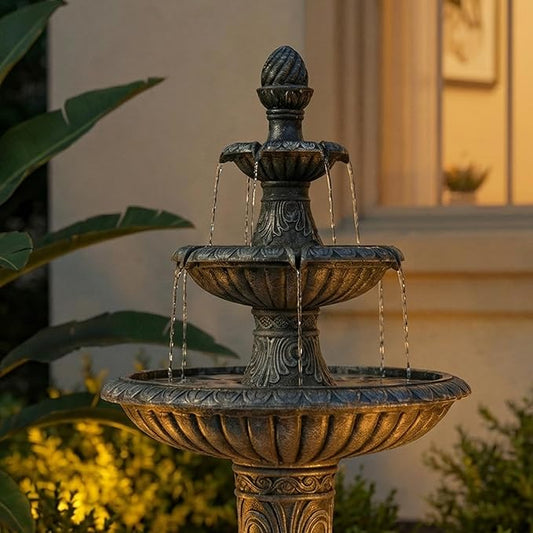 52-Inch Outdoor Water Fountain, 3-Tier Large Italian Faux Stone Resin Waterfall Fountain with 2 LED Lights, Large Bird Bath Basin Water Feature for Garden, Patio, Backyard, Deck, Lawn in Black