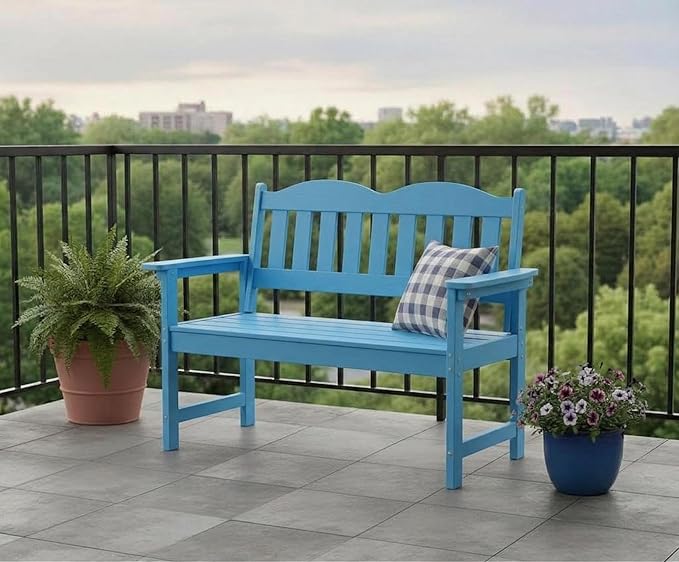 GarveeLife 2-Person Poly Lumber Garden Bench, Slatted Patio Loveseat, Weather-Resistant Outdoor Seating for Yard, Garden, Porch, Park or Backyard, Blue
