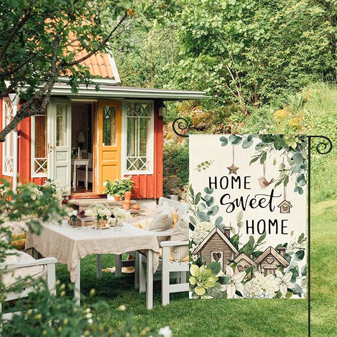 AVOIN colorlife Home Sweet Home Birdhouse Spring Floral Garden Flag 12x18 Inch Double Sided Outside, Eucalyptus Flowers Seasonal Yard Outdoor Flag