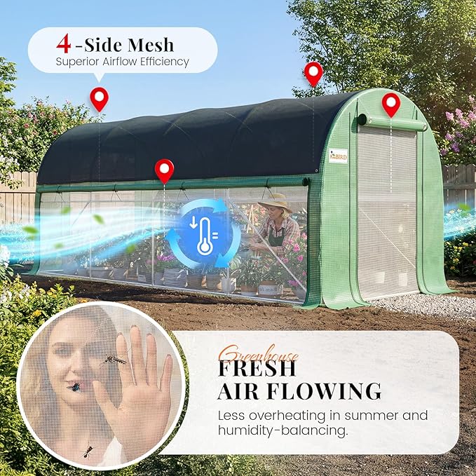 KING BIRD Premium 15x7x7 FT Greenhouse for Outdoors, Large Walk-in Heavy Duty Galvanized Steel Frame, Mesh Door Screen Window Tunnel Hoop Garden Plant Winter Hot House with Side Mesh&Shade Net, Green