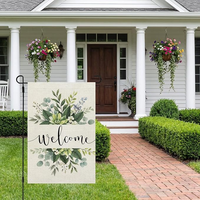 CROWNED BEAUTY Spring Floral Welcome Garden Flag 12×18 Inch Double Sided for Outside Eucalyptus Small Burlap Seasonal Yard Flag