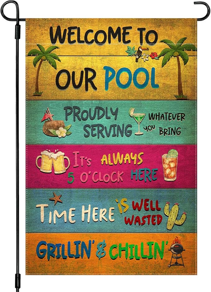 Snycler Welcome To Our Pool Garden Flag, 12.5x18" Party Decorations, Summer Decor, Outdoor Beach Bar Pub Porch Patio Deck Backyard Poolside Decor Outside