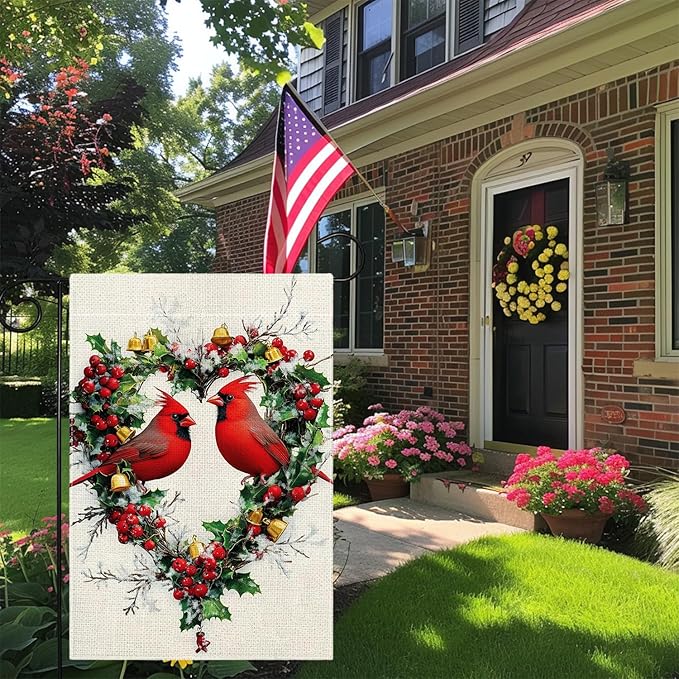 Spring Summer Cardinal Love Hearts Garden Flag 12x18 Double Sided, Welcome Yard Decor, Farmhouse Outdoor Flag for Lawn Patio Porch
