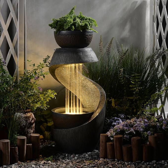 Sunlinua 31.9" S-Shaped Water Outdoor Fountain–Modern Cascading Waterfall Feature with LED Lights & Planter Bowl, Garden Fountains Outdoor for Patio, Balcony, Yard or Home Decor, Resin Waterfall