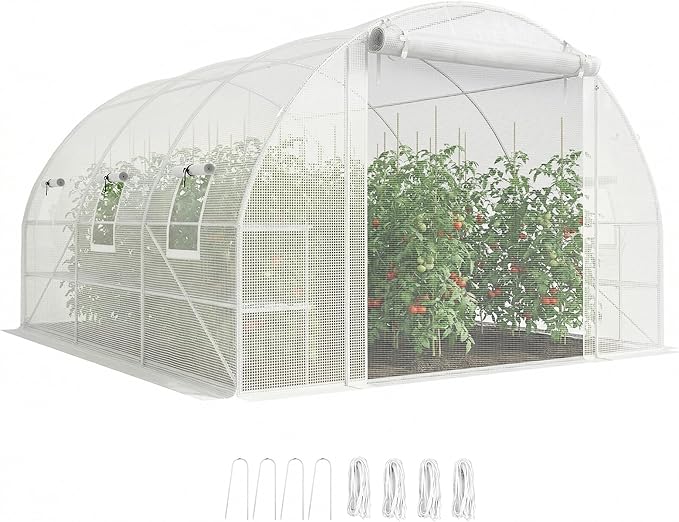 Outsunny 10'x11'x6' Walk-in Tunnel Greenhouse with Shelves, Mesh Door and Windows, Hoop House Greenhouse with PE Cover, Outdoor Green House for Patio Lawn Garden, White