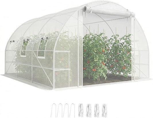 Outsunny 10'x11'x6' Walk-in Tunnel Greenhouse with Shelves, Mesh Door and Windows, Hoop House Greenhouse with PE Cover, Outdoor Green House for Patio Lawn Garden, White