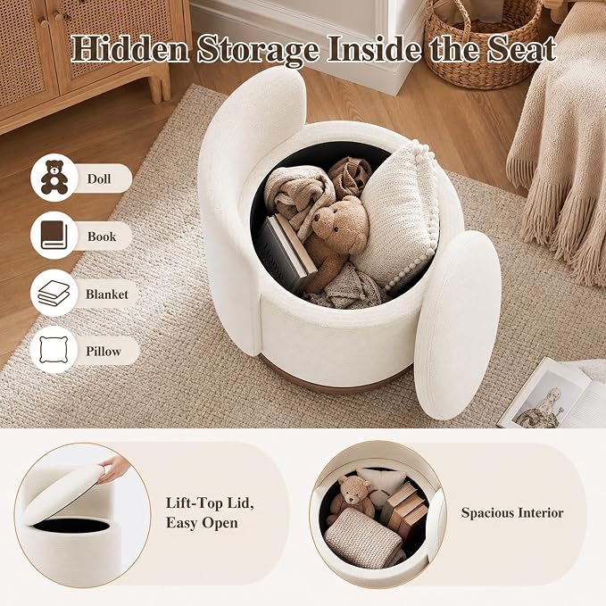 Ottoman with Storage, Round Vanity Stool with Back | 22L Hidden Seat, 360° Swivel, Reversible Lid, No Wheels, Upholstered Makeup Footstool for Bedroom