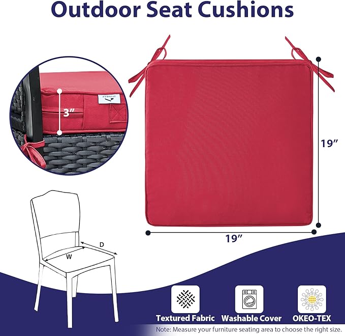 IPYNBAP Outdoor Chair Cushions Set of 4,Waterproof Outdoor Seat Cushions for Patio Furniture,Patio Chair Cushion with Handle and Ties, Square Out Door Chair Pads,19" x 19" x 3", Burgundy