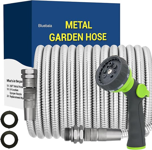 75 FT Stainless Steel Garden Hose – Heavy Duty 304 Metal Hose, 500+ PSI Burst Strength, No-Kink, Dog Bite & Puncture Resistant, Swivel-End Fittings, 8-Mode Nozzle for Large Gardens, Outdoor Use