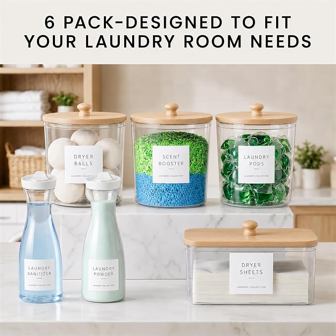Laundry Room Organization Set, 4 Laundry Containers, 2 detergent dispenser | 2 liquid laundry detergent dispensers, 3 laundry pods containers, 1 dryer sheet holder, with wood lids, labels and scoops