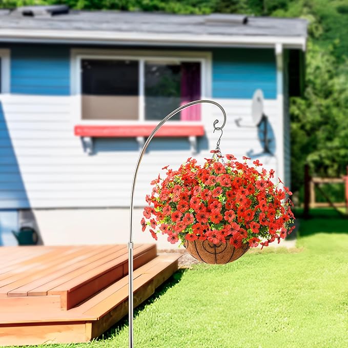 ZFProcess Artificial Faux Hanging Plants Flowers Basket Outdoor Porch Garden Spring Summer Decoration, Fake Silk Daisy in Planter Realistic UV Resistant for Outside Home Patio Balcony Yard(Red)