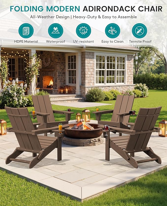 SERWALL Modern Adirondack Chair Set of 4, Folding Adirondack Chair with Cup Holders, Outdoor HDPE Fire Pit Chairs for All Weather Use, Brown