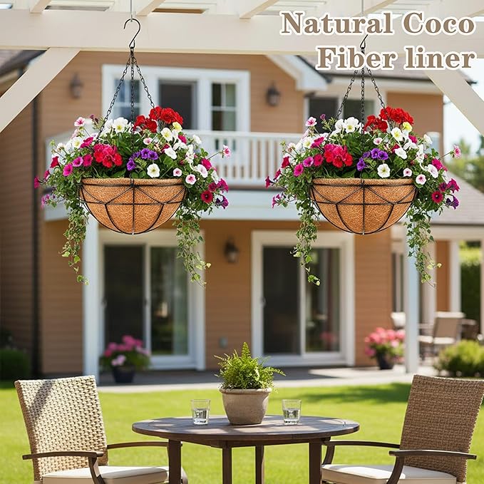 EIMQUVW 4 Pack Hanging Planters with Coconut Liner Metal Outdoor Hanging Baskets with Chains 12 Inch Durable Wire Flower Pots for Porch Garden Spring Summer Decor