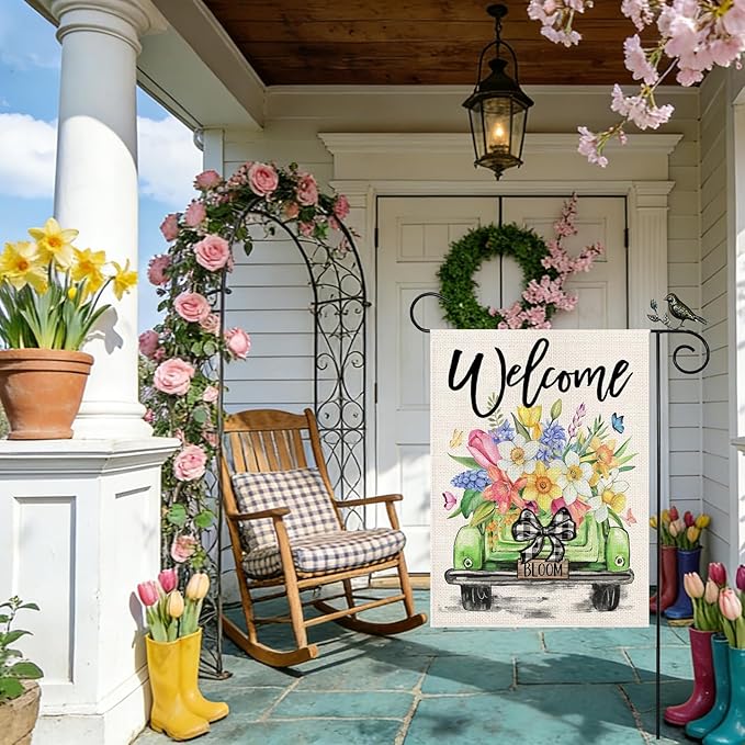 GEEORY Butterfly & Daffodil Hyacinths Floral Truck Welcome Garden Flag 12x18 Inch, Double Sided Spring Summer Decor, Farmhouse Rustic Outdoor Flag Outside Yard Lawn Decoration