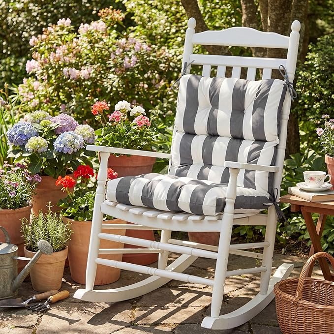 Hoteam 6 Pcs High Back Chair Cushions Set - 44'' x 21'' Indoor Outdoor Waterproof Soft Thicken Stripes Replaceable Cushion for Garden Summer Rocking Chair, Patio Furniture (Gray Stripes)
