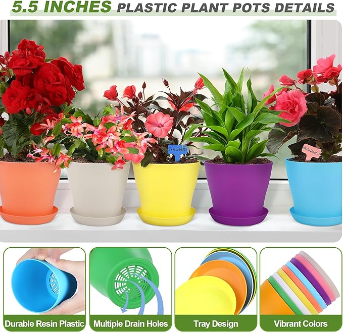 Hahood 36 Pack 5.5 Inch Plastic Plant Pots with Saucers Colorful Flower Plant Container Seed Starting Pots Thickened Seedlings Nursery Pots for Home Garden Indoor Outdoor Flowers, 9 Colors