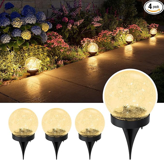 4 Pack Solar Powered Cracked Glass Globe LED Lights Outdoor Waterproof Decorative Table Ball Lamps for Outside Garden, Patio, Yard, Deck, Pathway, Backyard Decoration Easy to Install (Warm White)