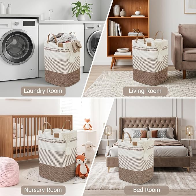 danpinera 100L Nursery Hamper, Tall Woven Laundry Basket with Long Leather Handles, Boho Laundry Hamper for Living Room, Eco-friendly & Convenient Decorative Storage Basket, White & Dark Brown