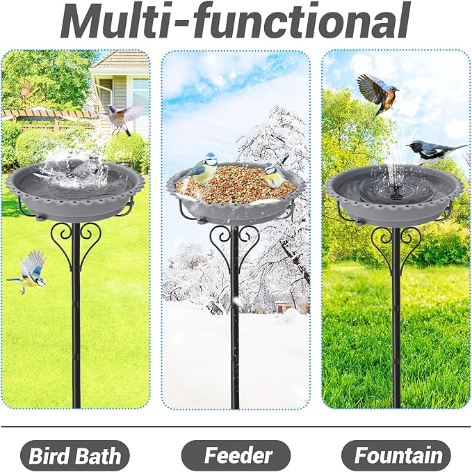 Birdbaths for Outdoors,40In Garden Birdbath with 12" Removable Plastic Bowl,Bird Baths Feeder with Sturdy 5 Prongs Base for Outdoor Garden Patio Yard Lawn Decor (Gray)