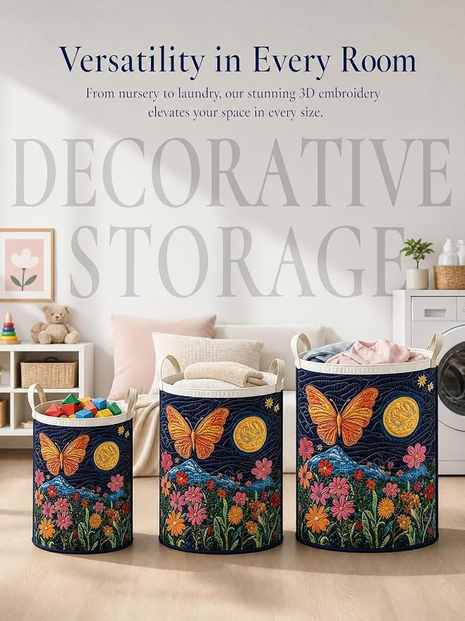 Quilted Laundry Basket with Handles, Boho Floral Quilted Storage Hamper, Large Capacity Laundry Hamper for Nursery Bedroom Laundry Room Home Decor (Pattern 04, Medium (22"H x 16"W x 16"L))